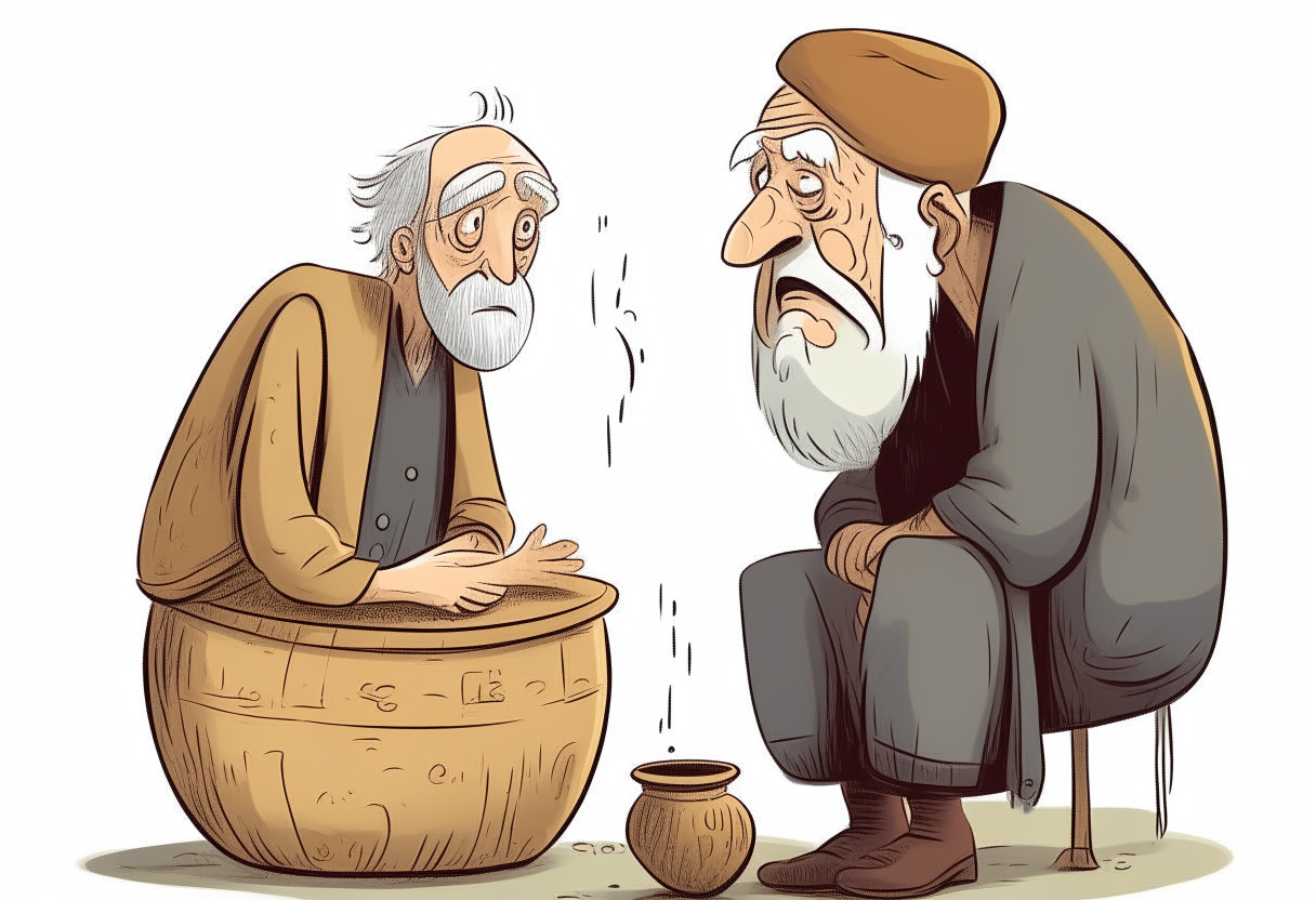 A sad pot old man talking with old rich man 