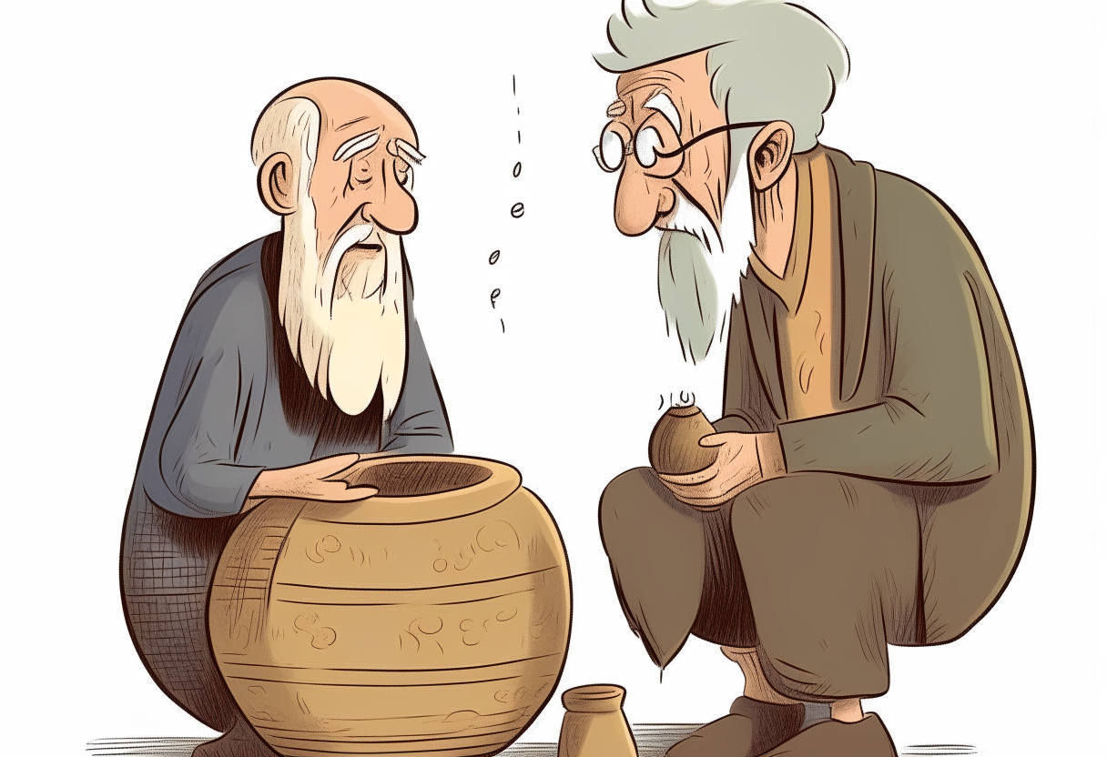 A sad pot old man talking with old rich man 