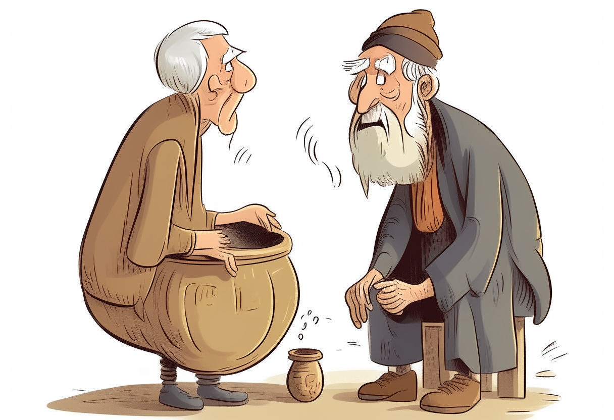 A sad pot old man talking with old rich man 