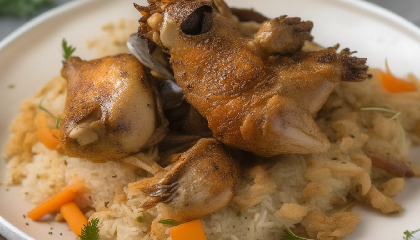 Seasoned quail placed on rice, then pressure cooked