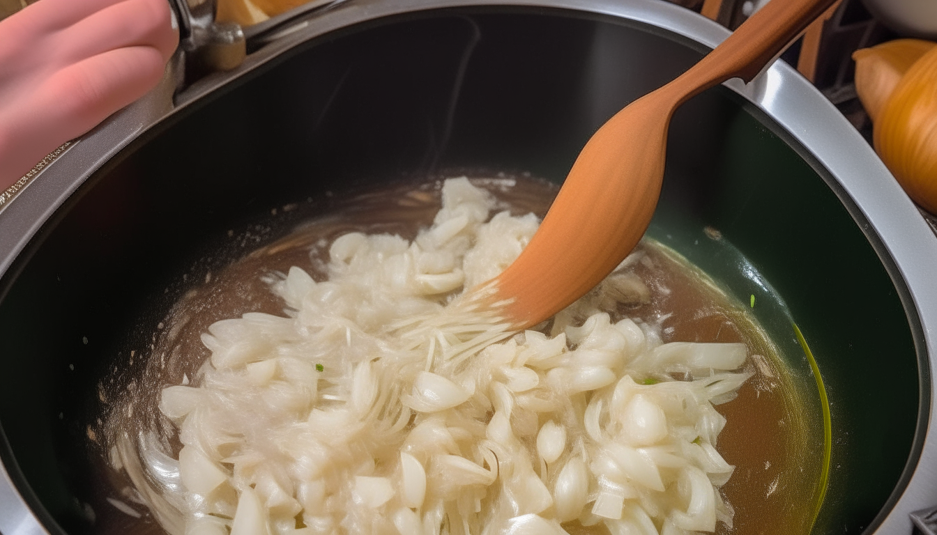 Onion and garlic sautéing in oil to start risotto, then arborio rice added