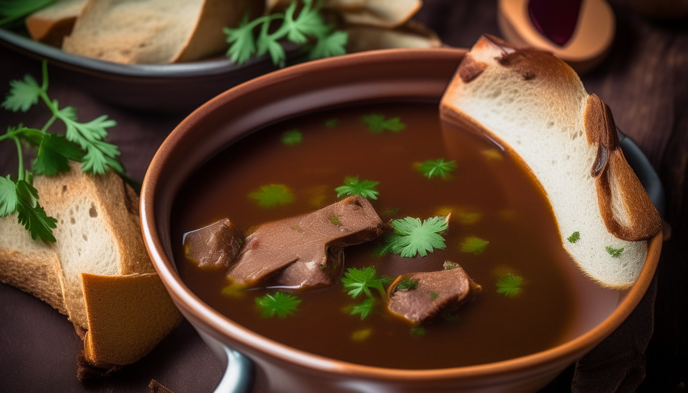 Finished venison soup garnished with parsley, served with bread