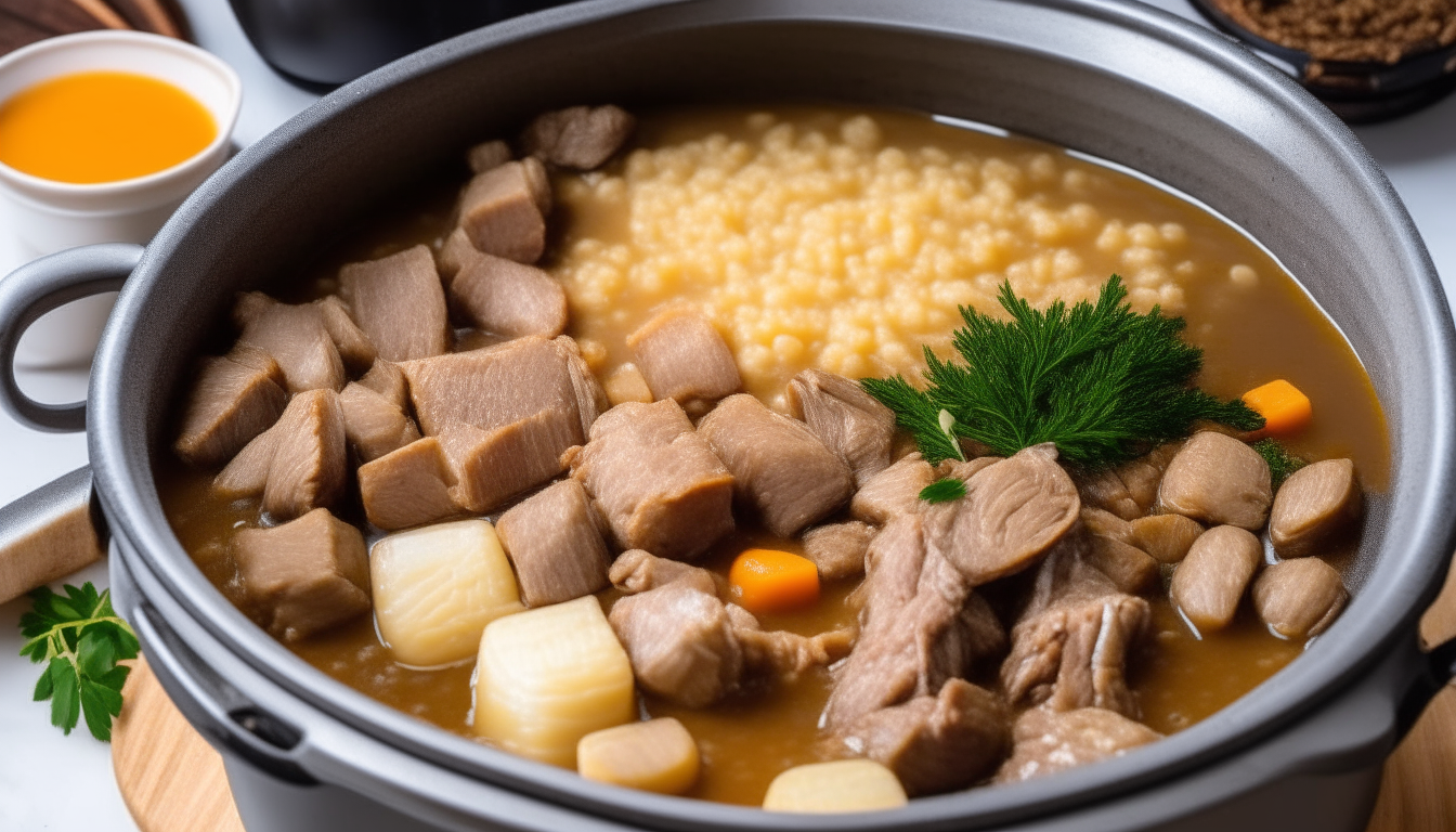 Barley, potatoes, broth and spices added to pot with venison