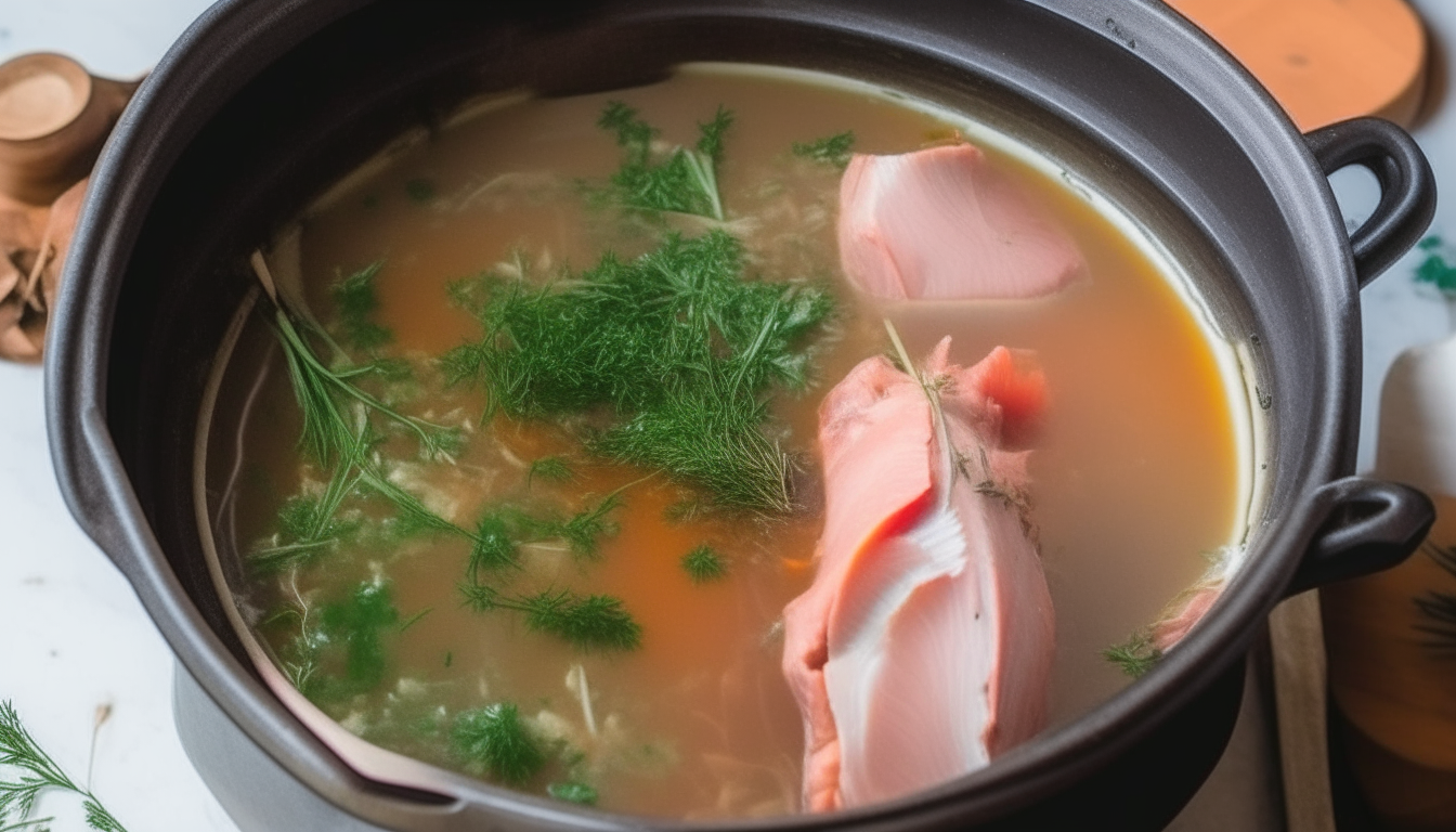 Vinegar, broth and herbs added to pot with meat