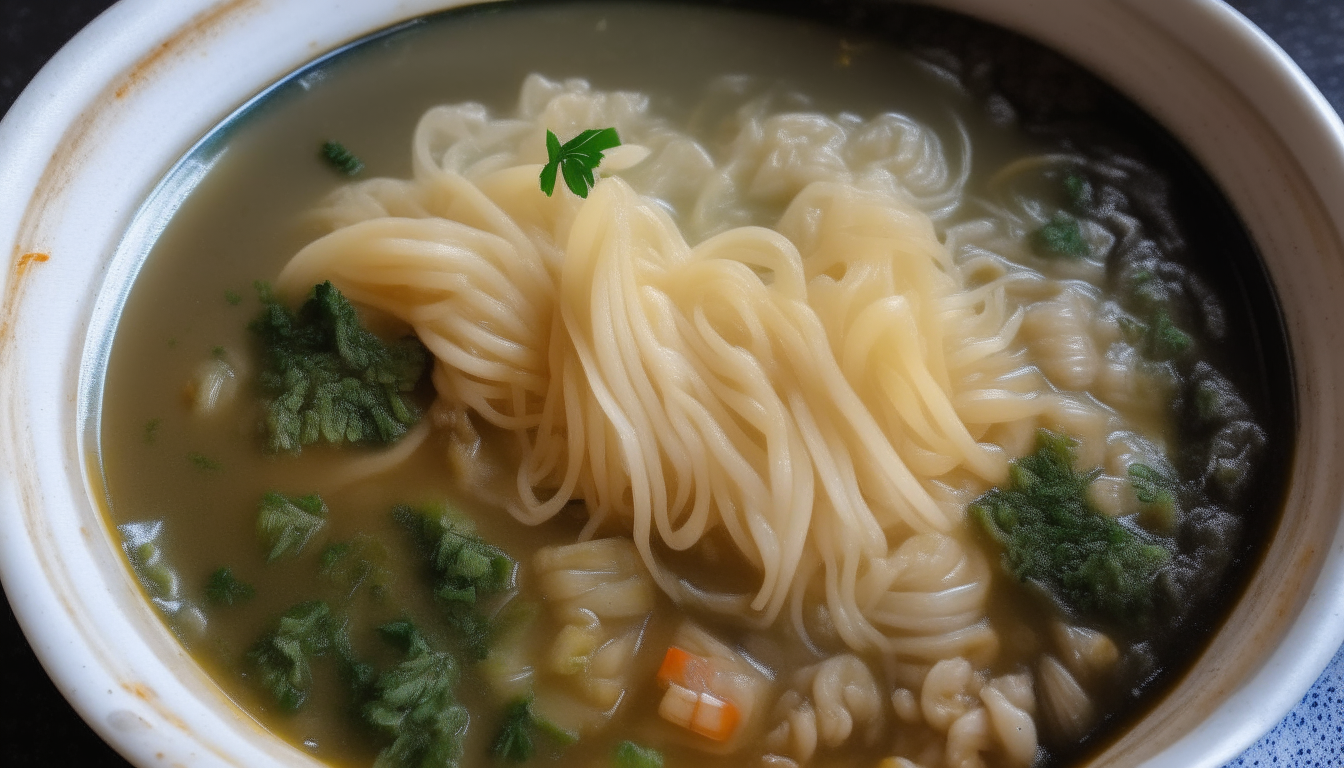 Garlic, ginger, broth and noodles added