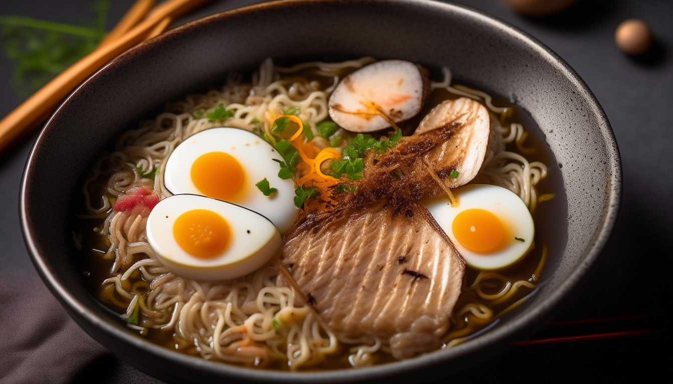 Duck ramen topped with egg and sesame