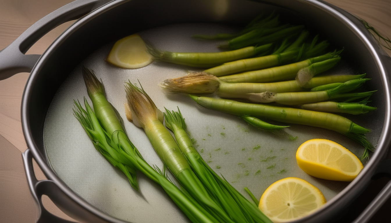 Flounder and asparagus arranged in pot