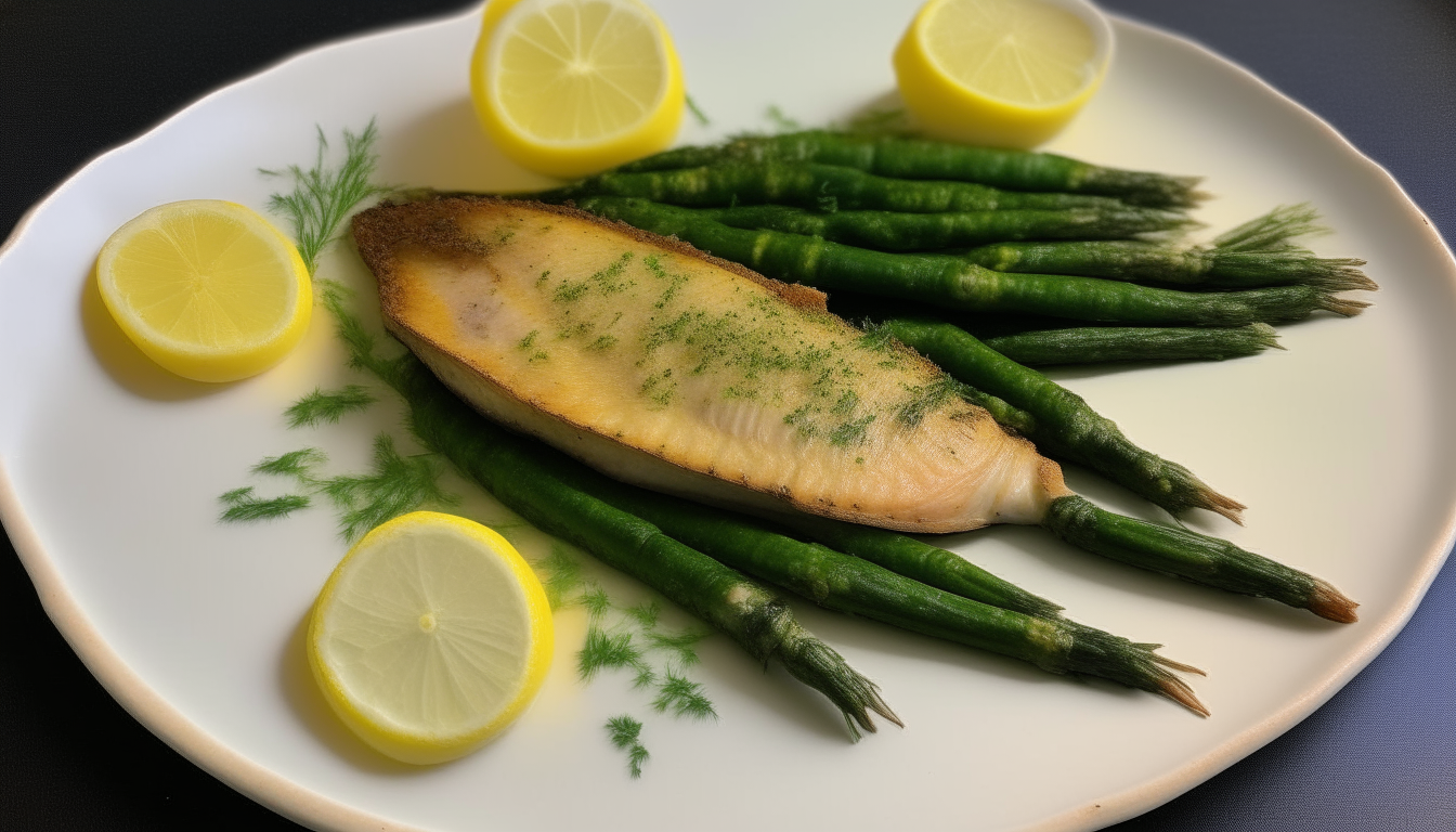 Cooked flounder and asparagus plated