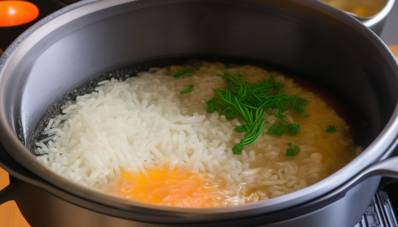 Wine and broth added to rice in pot