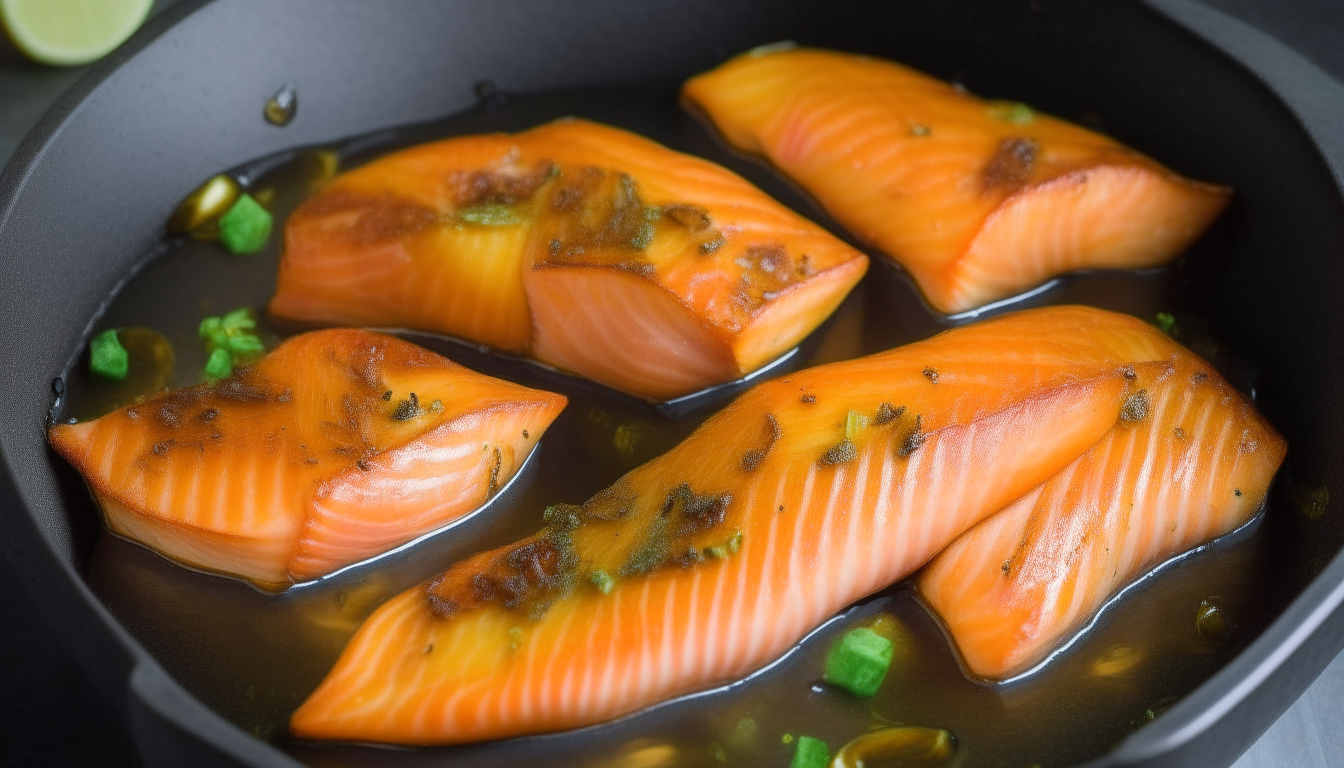 Salmon fillets cooked golden in skillet