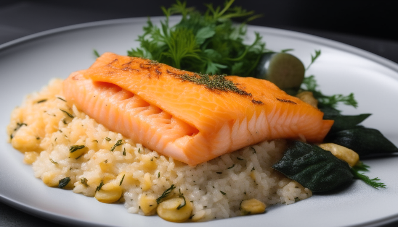 Risotto topped with salmon, garnished