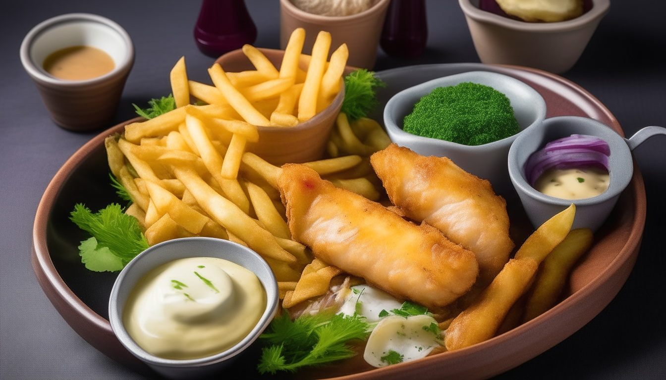 Plated fish, chips, sauce and slaw