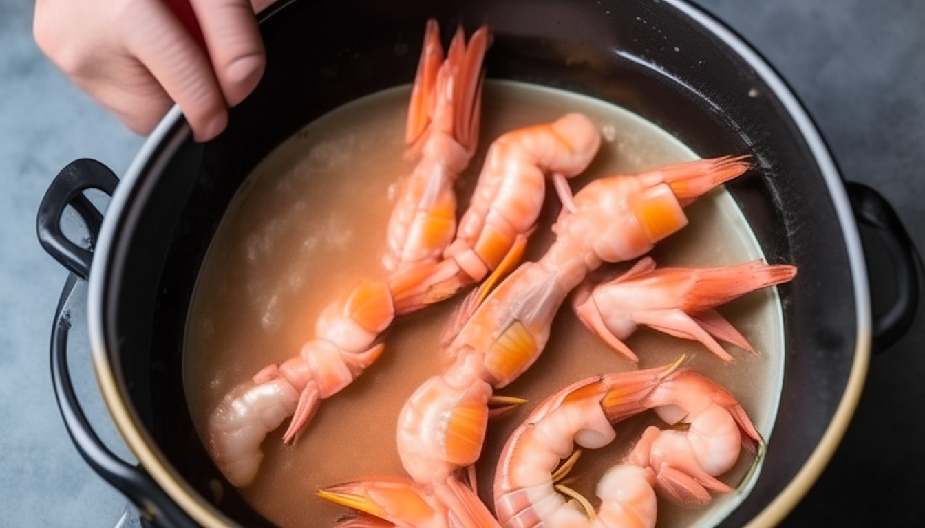 A top down view of raw shrimp being added to an Instant Pot and stirred while cooking until pink and tender