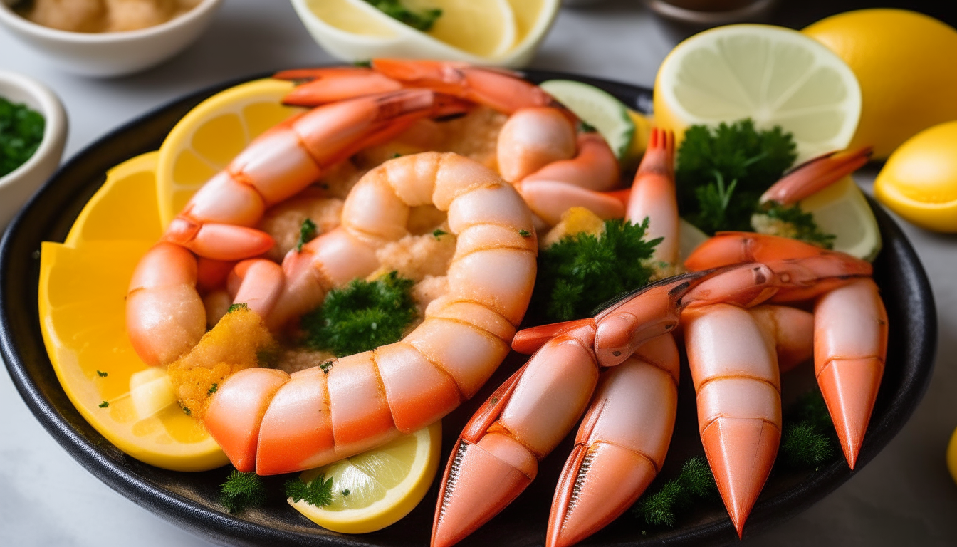 A shrimp boil platter garnished with lemon wedges and parsley next to a bowl of dipping sauce