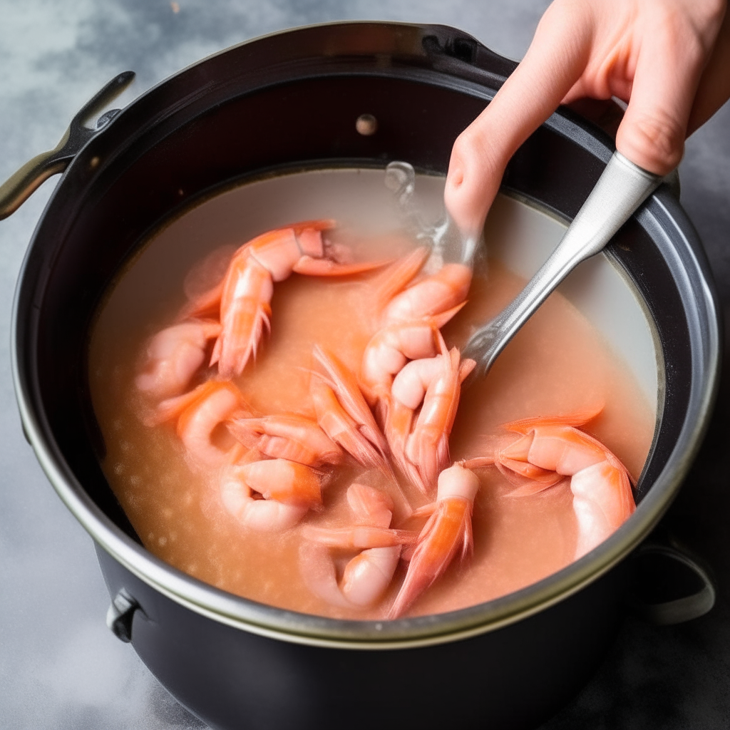 A photo from above of raw shrimp being added to an Instant Pot and stirred while cooking until pink and tender