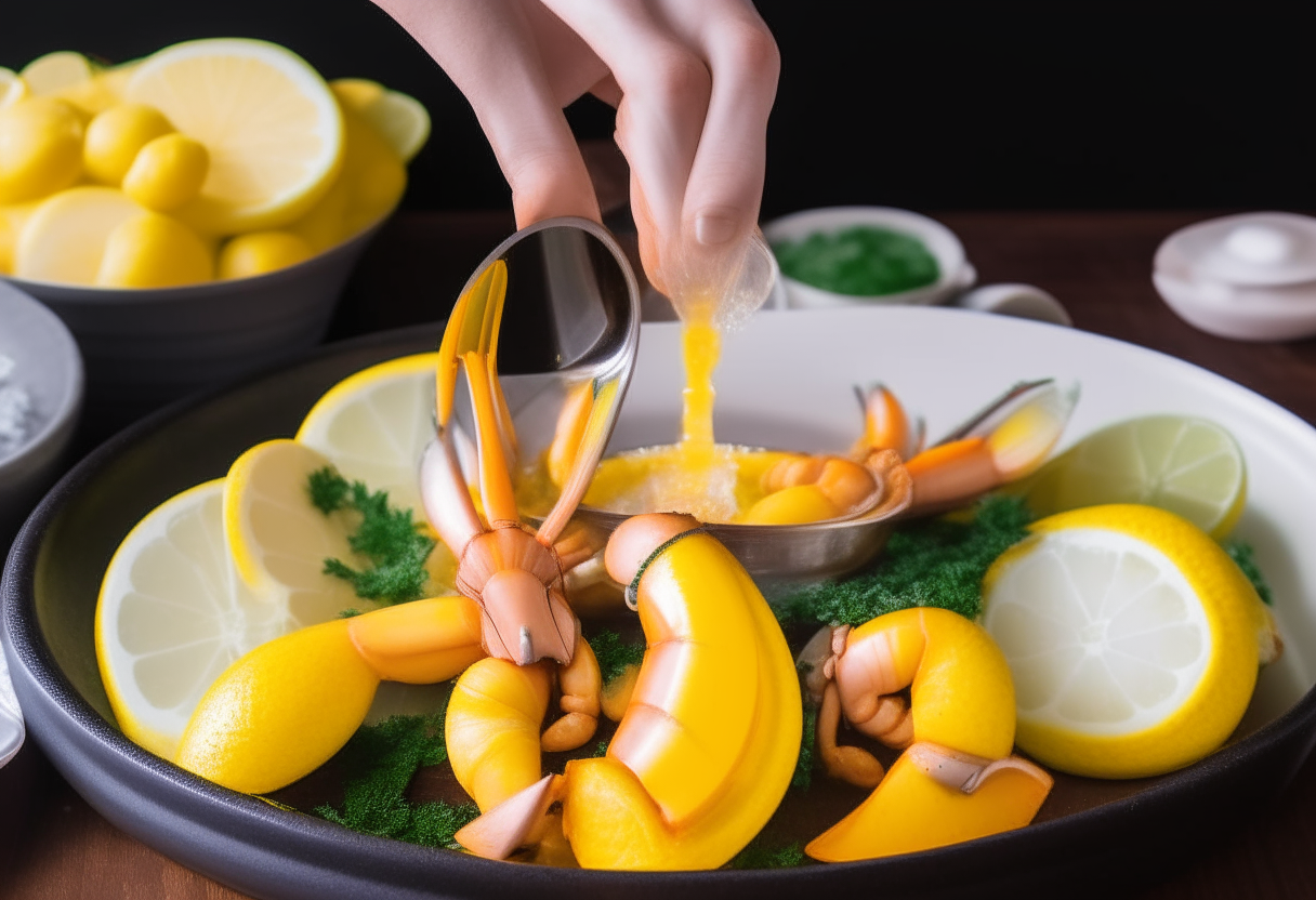 An image depicting shrimp boil cooked in an Instant Pot being poured onto a large platter garnished with lemon wedges, parsley and a dipping sauce in a bowl