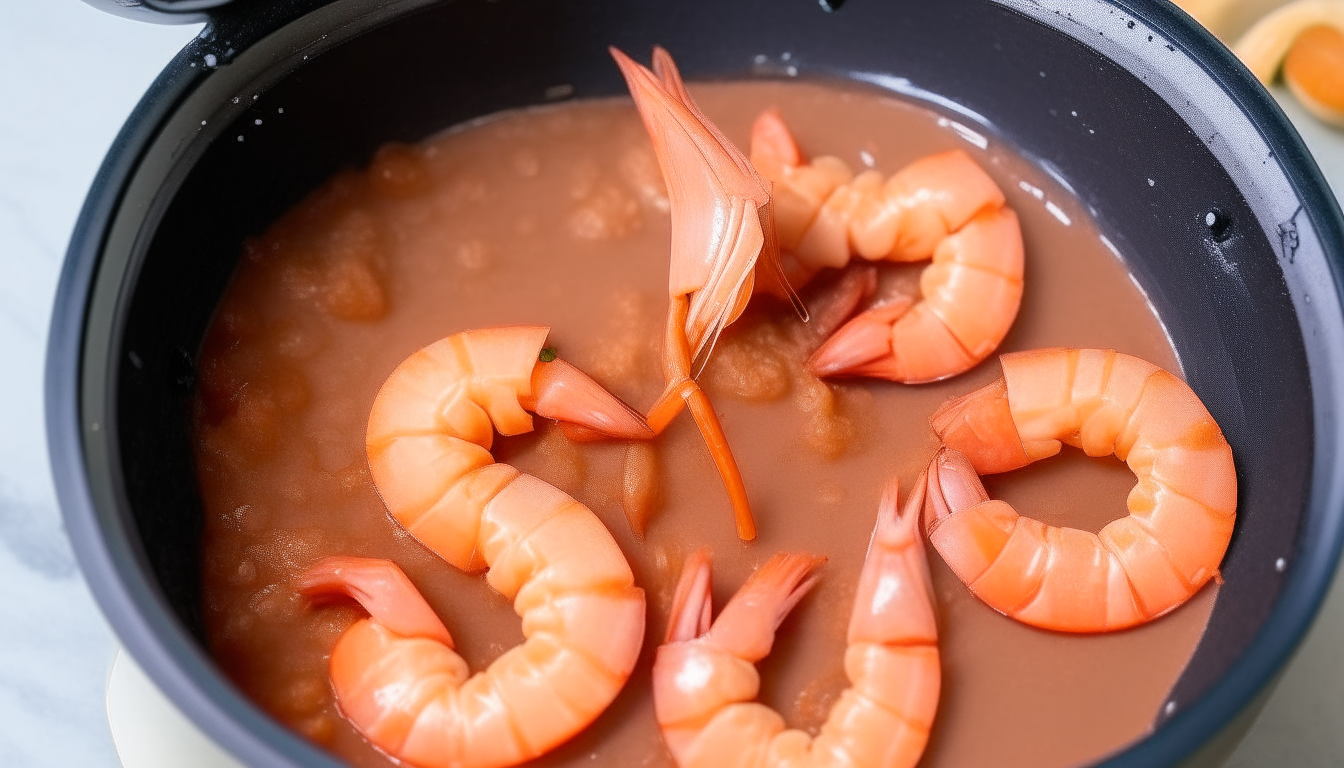 Shrimp added to Instant Pot contents, stirring, cooking until pink and tender