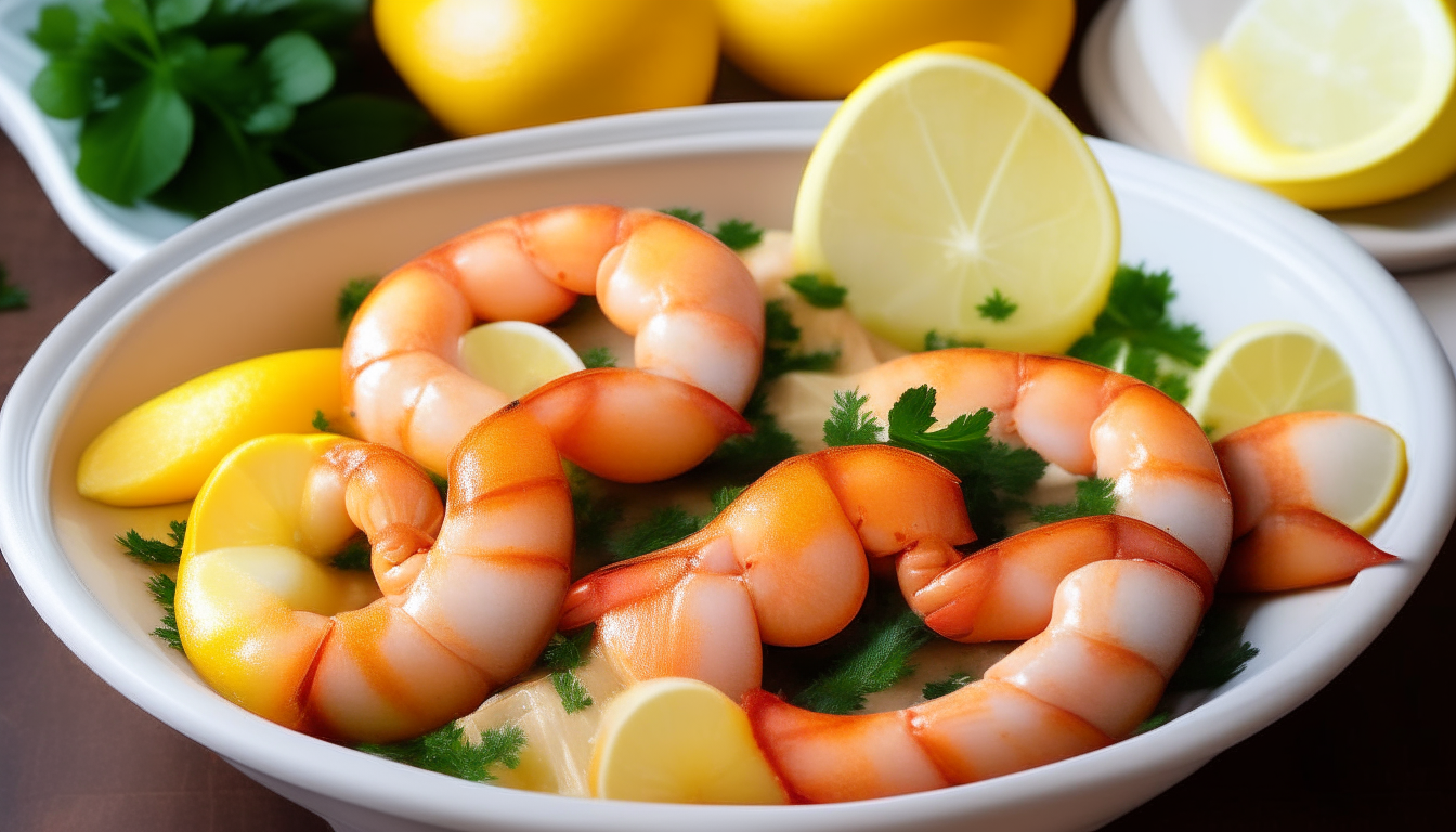 Bowl with dipping sauce, platter of cooked shrimp boil, garnished with lemon wedges, parsley