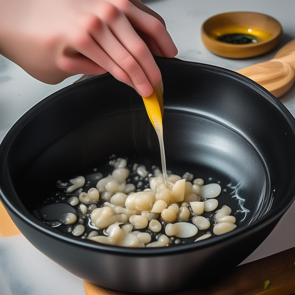 Image showing step 1 of squid ink risotto recipe. Hands adding oil, butter, onions and garlic to an Instant Pot set to sauté mode