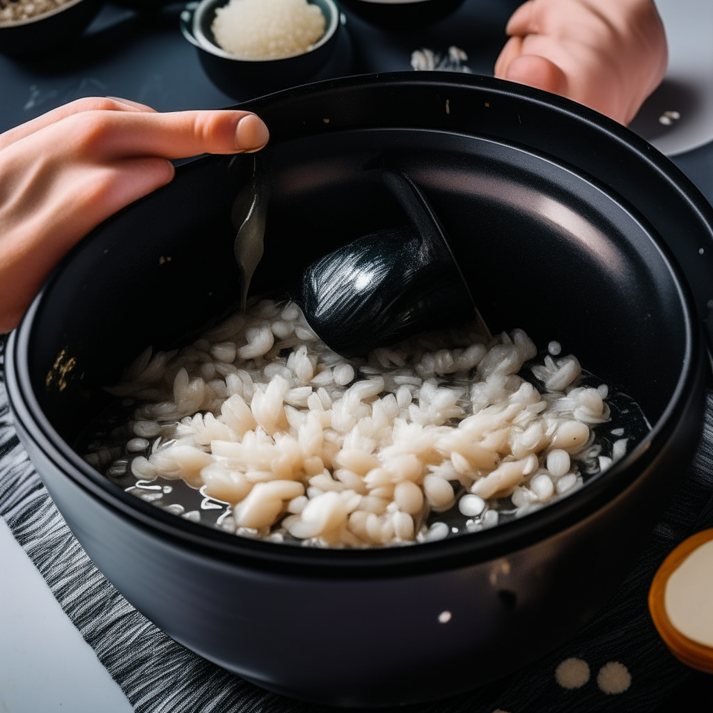 Image showing step 2 of squid ink risotto recipe. Hands adding rice to onions and garlic sautéing in an Instant Pot