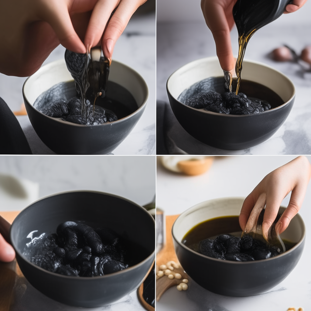 Image showing step 3 of squid ink risotto recipe. Hands pouring wine into Instant Pot to deglaze, then adding broth and squid ink