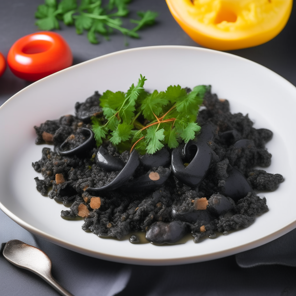 Image showing step 4 of squid ink risotto recipe. Final plated dish of creamy black squid ink risotto garnished with parsley and chili