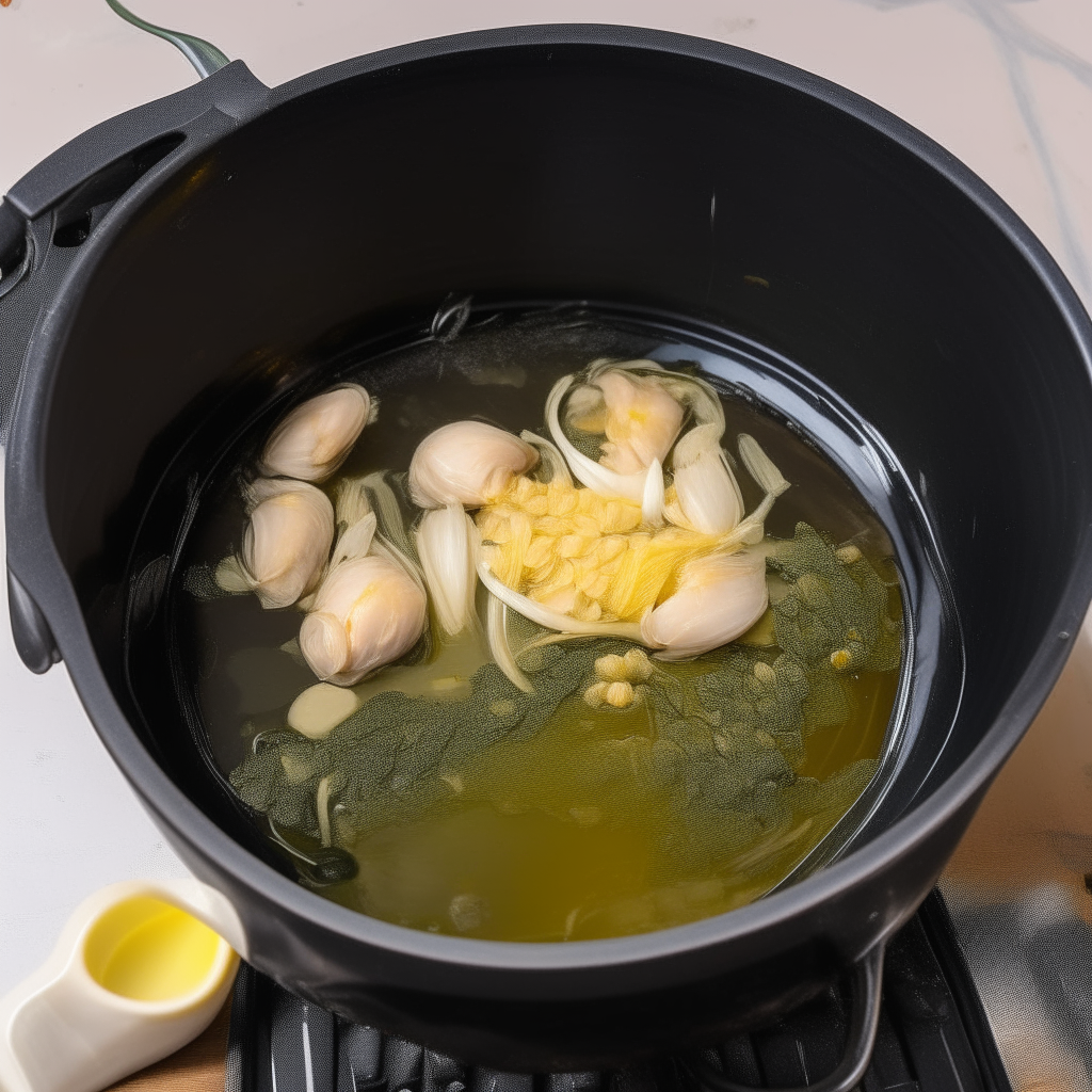 Olive oil, butter, onions and garlic sautéing in an Instant Pot set on sauté mode, step 1 of squid ink risotto recipe