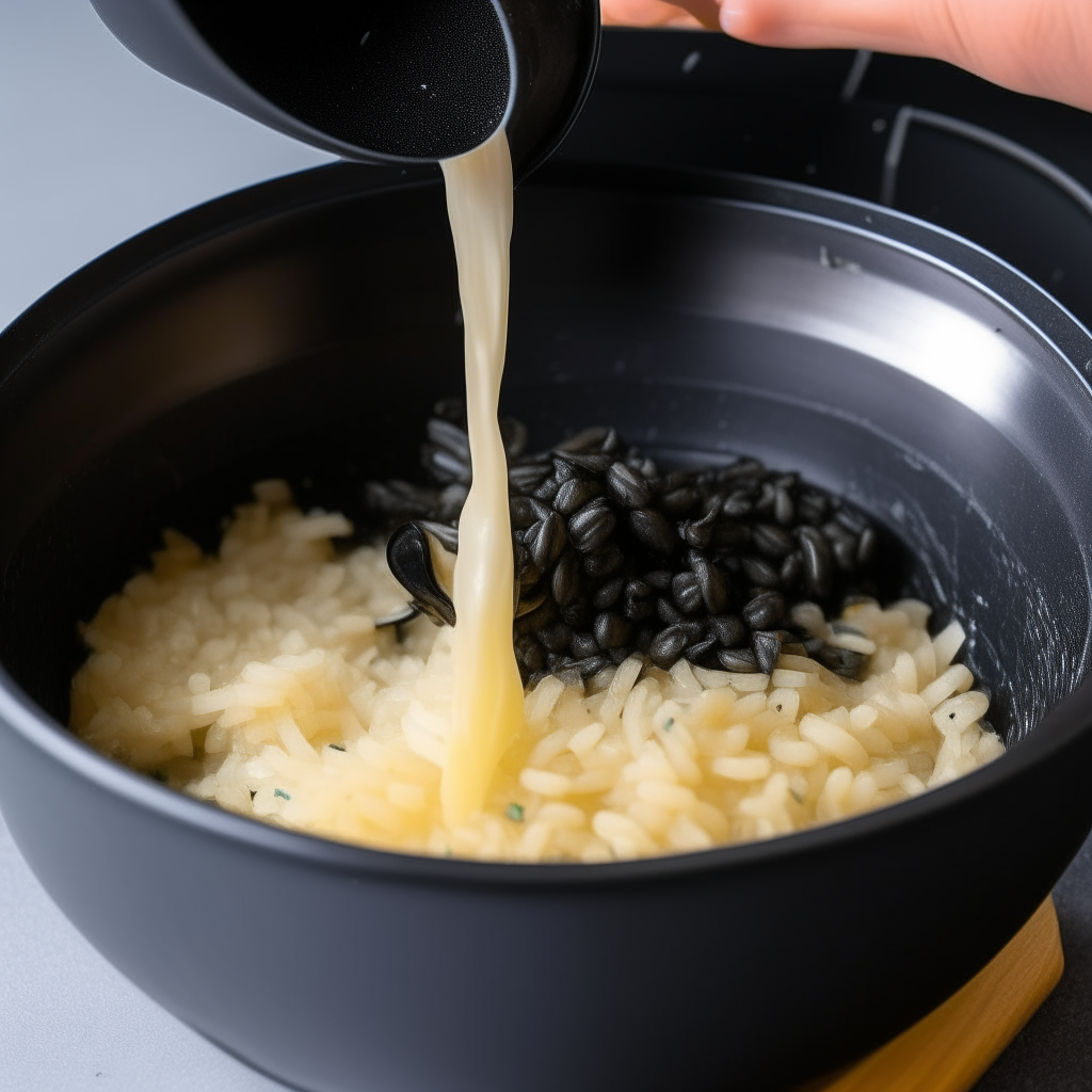 Rice being added to sautéed onions and garlic in an Instant Pot, step 2 of squid ink risotto recipe