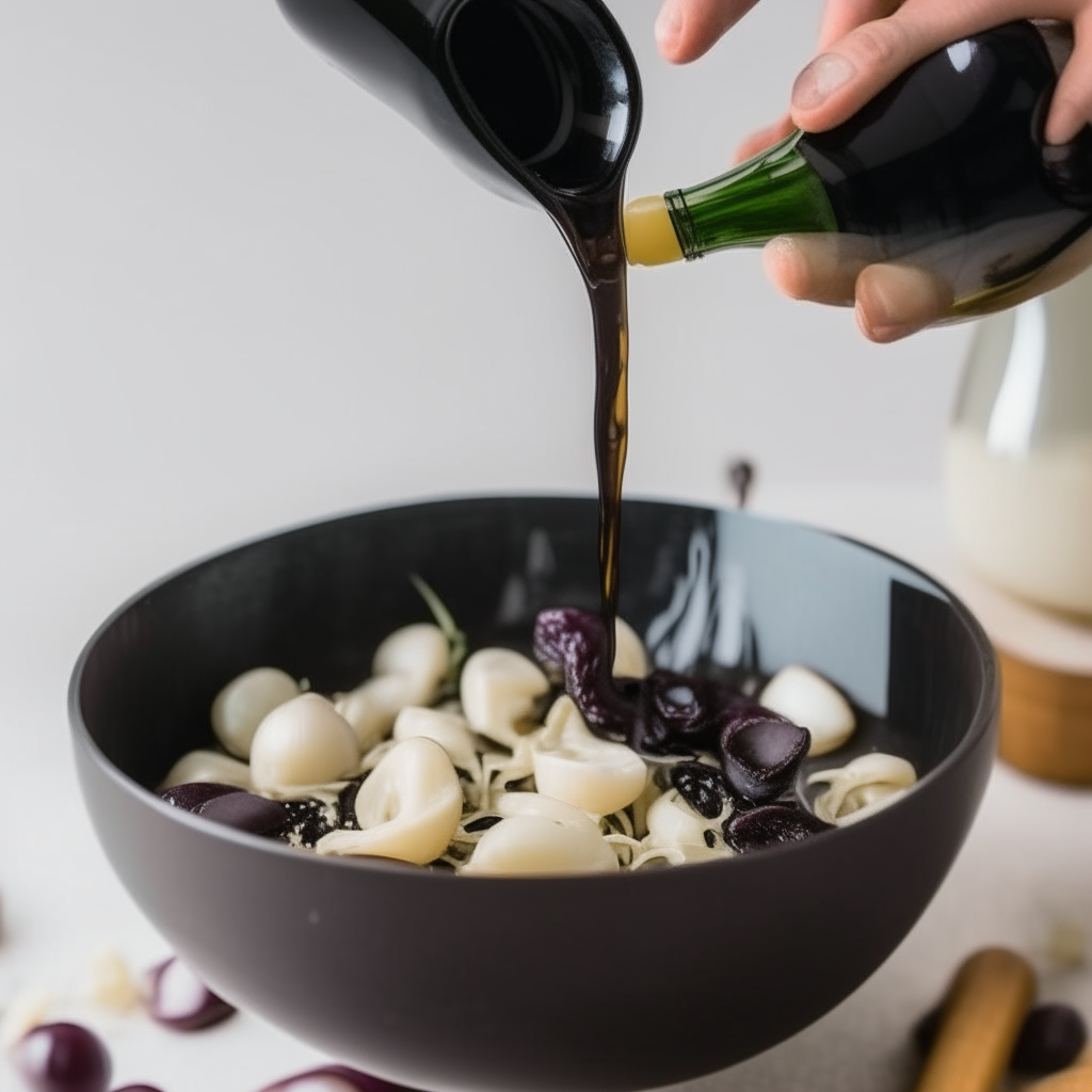 Wine being poured into Instant Pot with onions, garlic and rice, step 3 of squid ink risotto recipe