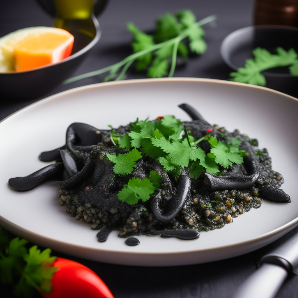 Plated dish of creamy black squid ink risotto garnished with parsley and chili, step 4 of recipe