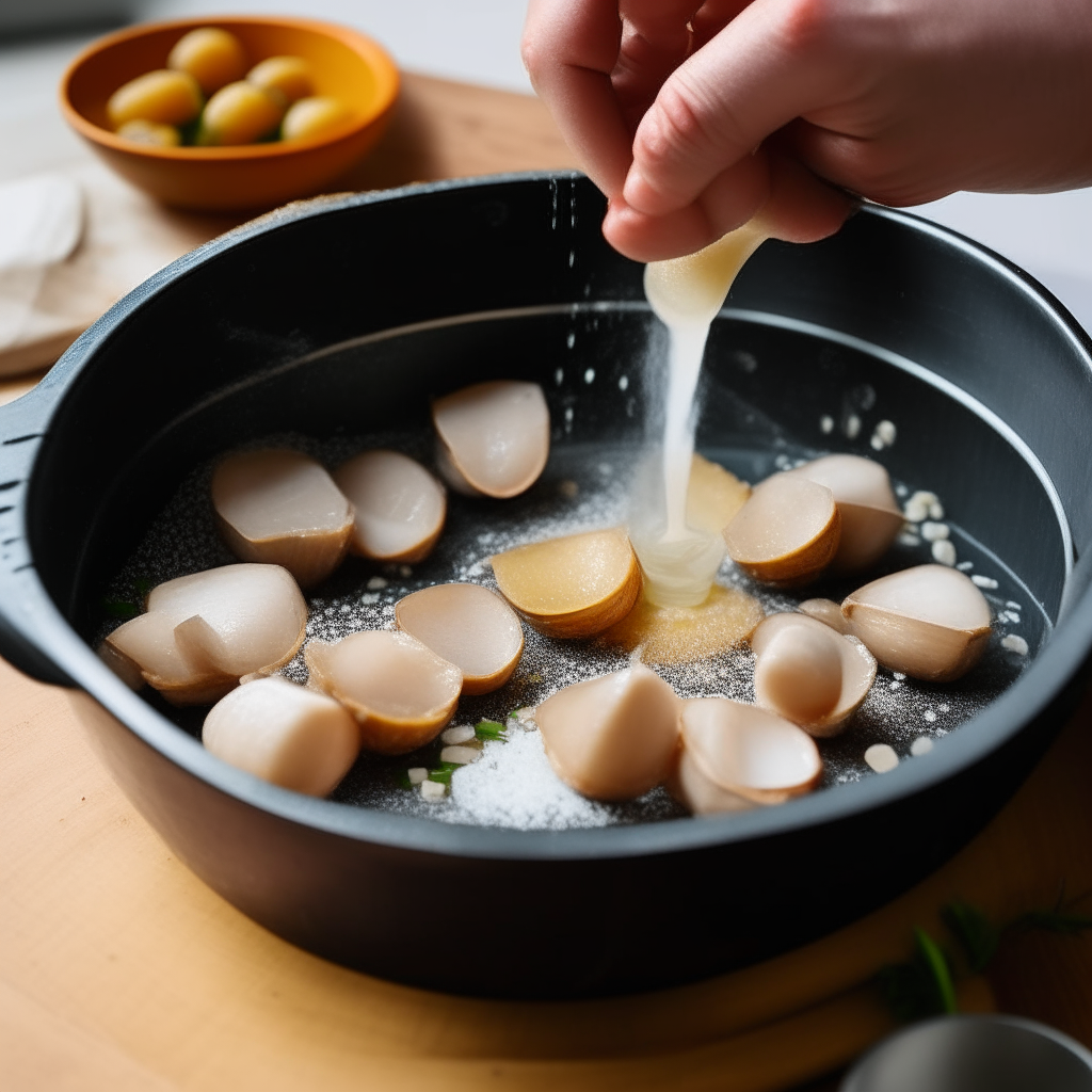 Image of hands seasoning dry scallops with salt and pepper, then placing them in an Instant Pot on sauté mode with butter and oil