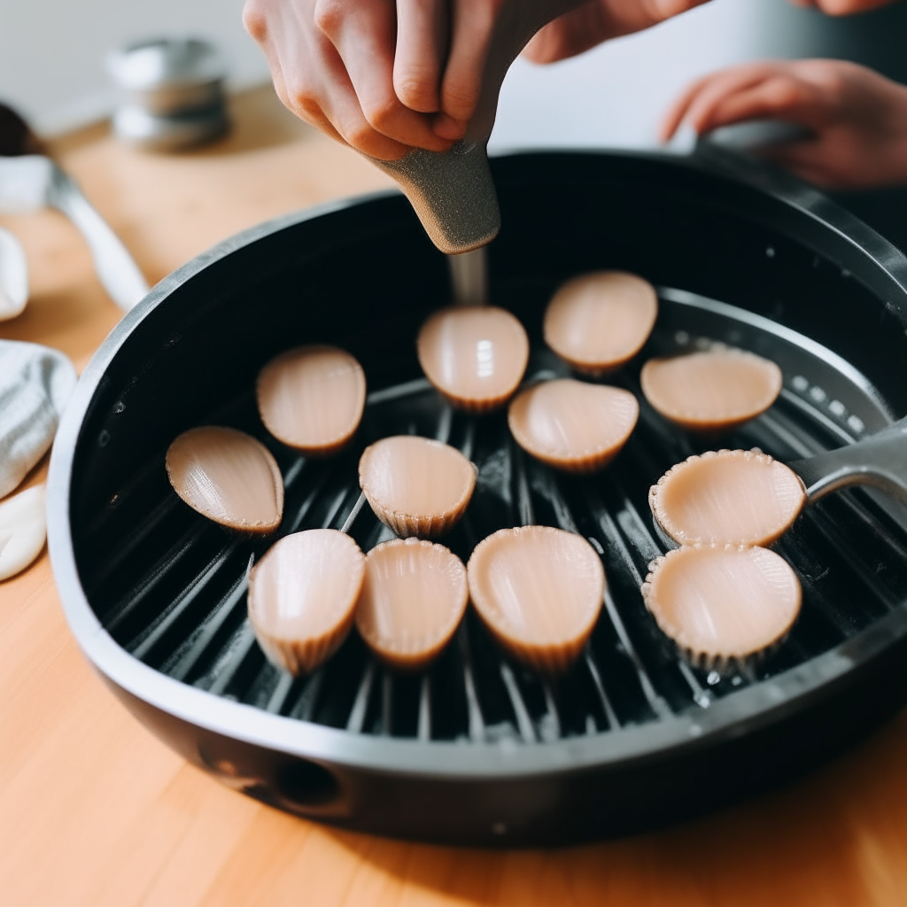 Image of hands flipping seared scallops in an Instant Pot to brown both sides before removing them