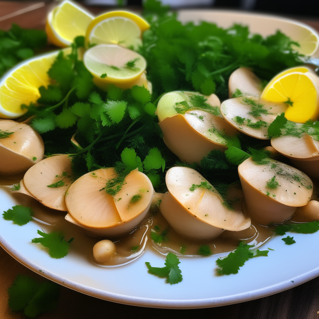 Image of final plated dish of steamed scallops garnished with herbs and lemon slices