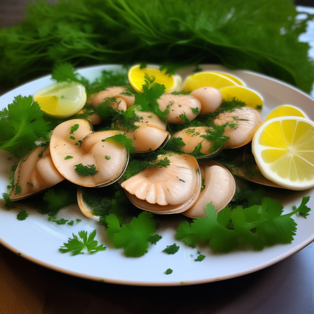 Final plated dish of steamed scallops garnished with herbs and lemon slices