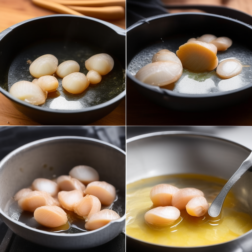 Dry scallops being seasoned with salt and pepper, then placed in an Instant Pot on sauté mode with melted butter and olive oil