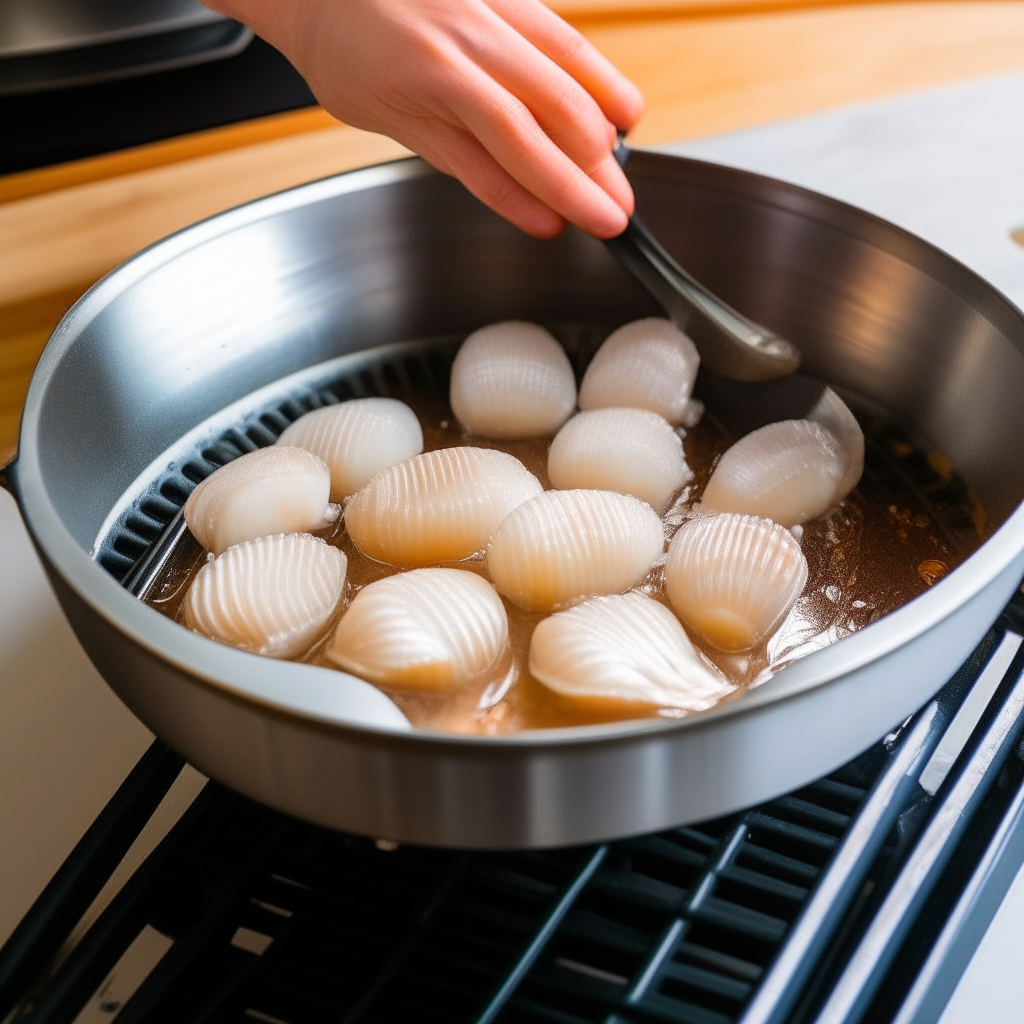 Seared scallops being flipped in an Instant Pot to brown both sides before removing them to set aside