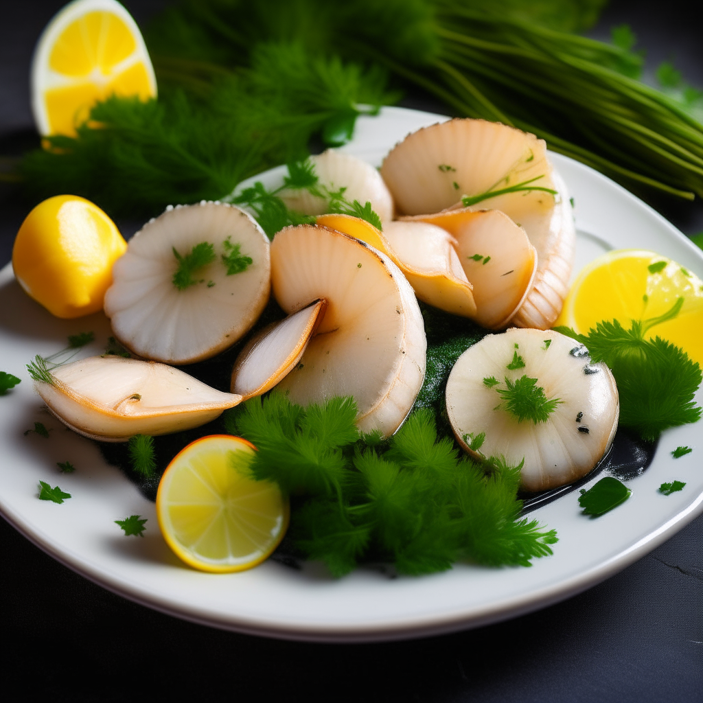 Steamed scallops plated and garnished with herbs and lemon slices