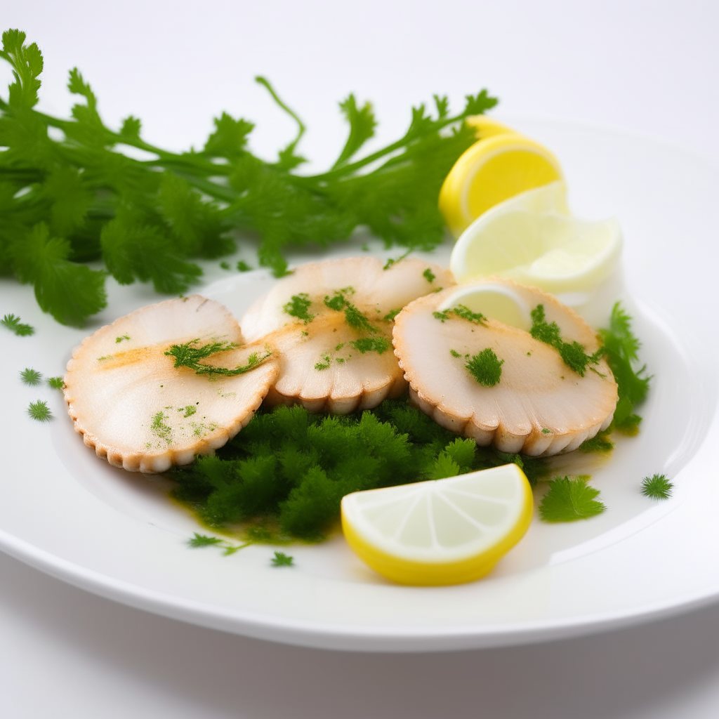 Plated steamed scallops garnished with herbs, lemon slices, on a white plate