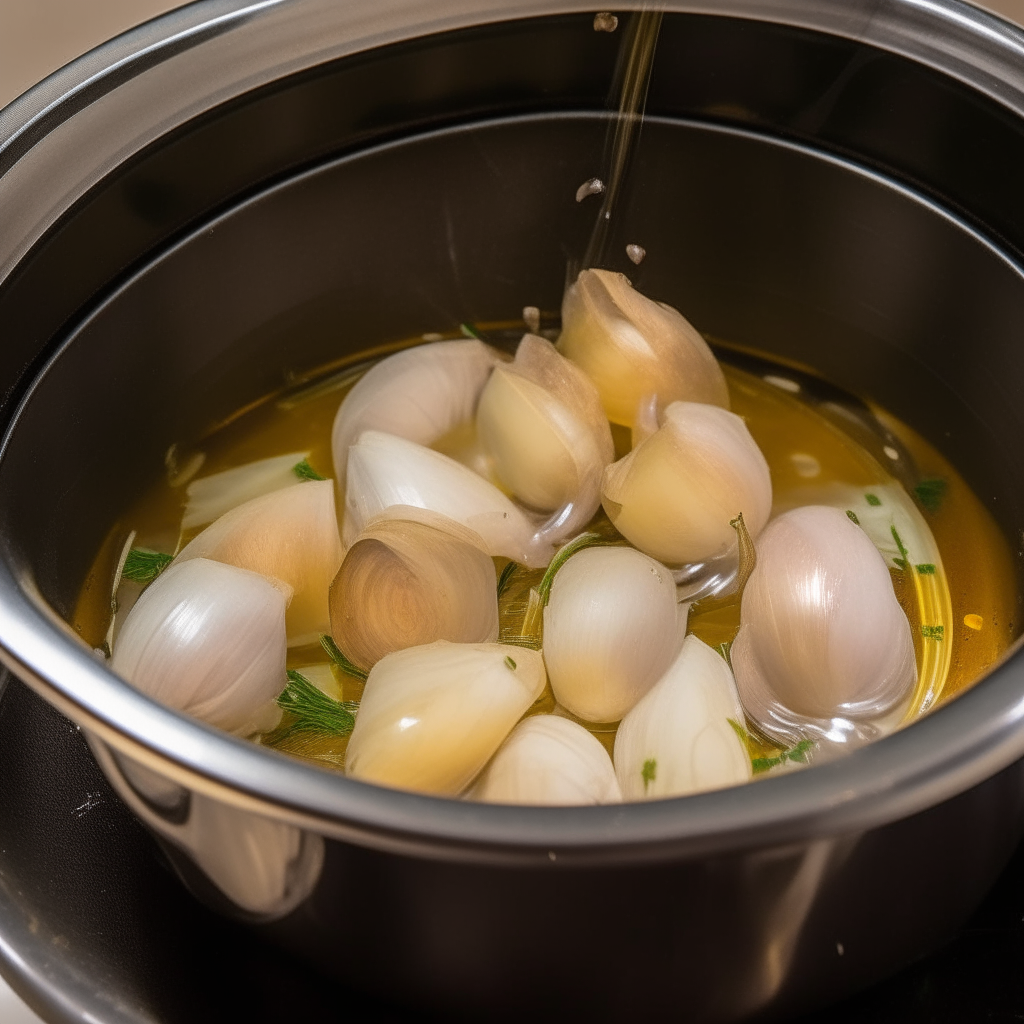 Olive oil, onions and garlic sautéing in an Instant Pot set to sauté mode, step 1 of recipe