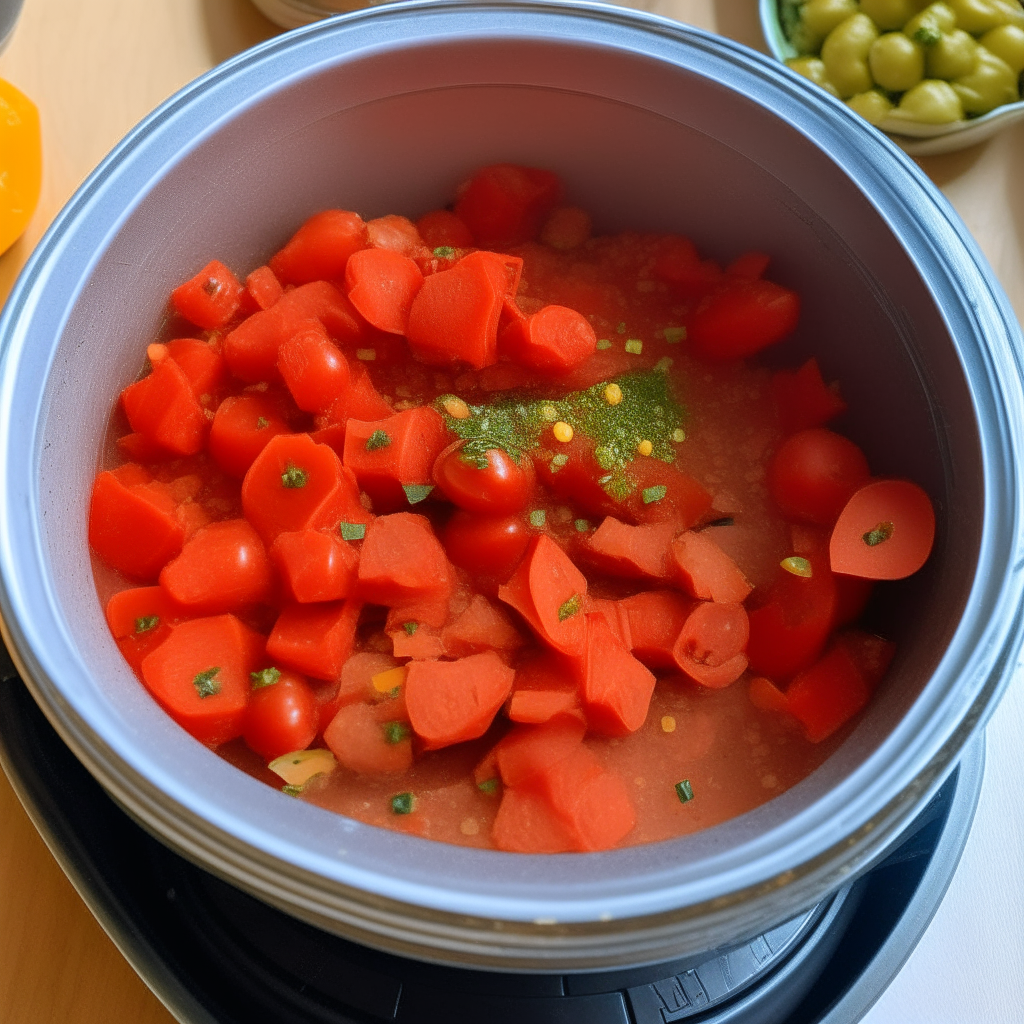 Diced tomatoes, spices, salt and pepper added to aromatics in Instant Pot, step 2