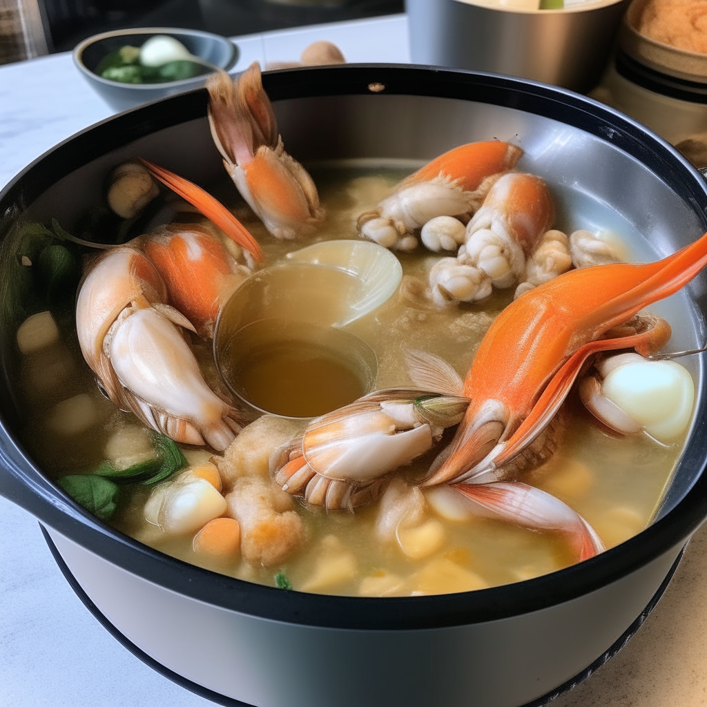 White wine and broth added to Instant Pot ingredients, then seafood chunks and shellfish, step 3