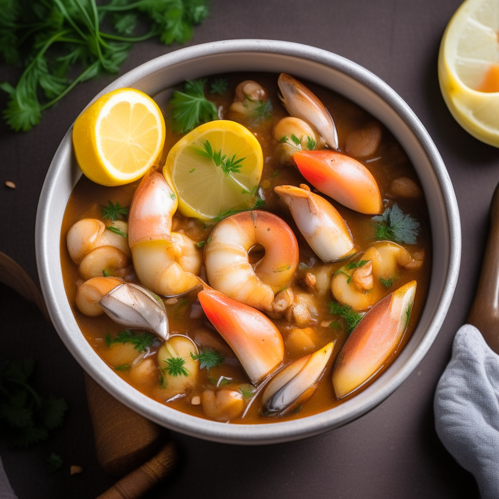 Bowl of finished seafood stew garnished with herbs and lemon wedges, step 4