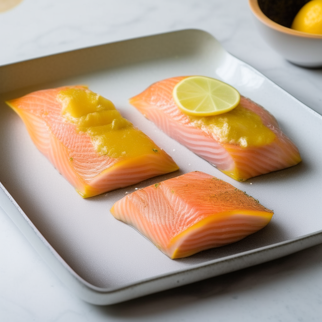 Salmon fillets being seasoned with salt, pepper and lemon zest, step 1 of recipe