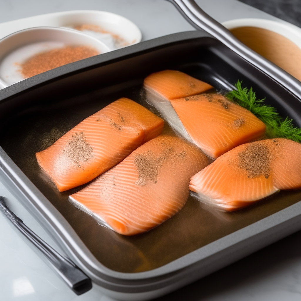 Seasoned salmon fillets placed on trivet in pot set to steam mode, step 3