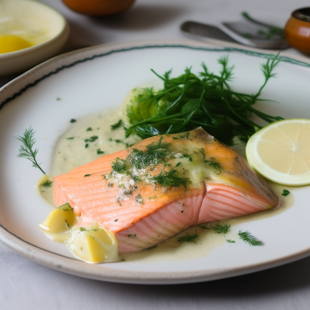 Plated salmon drizzled with lemon garlic butter sauce and herbs, step 4