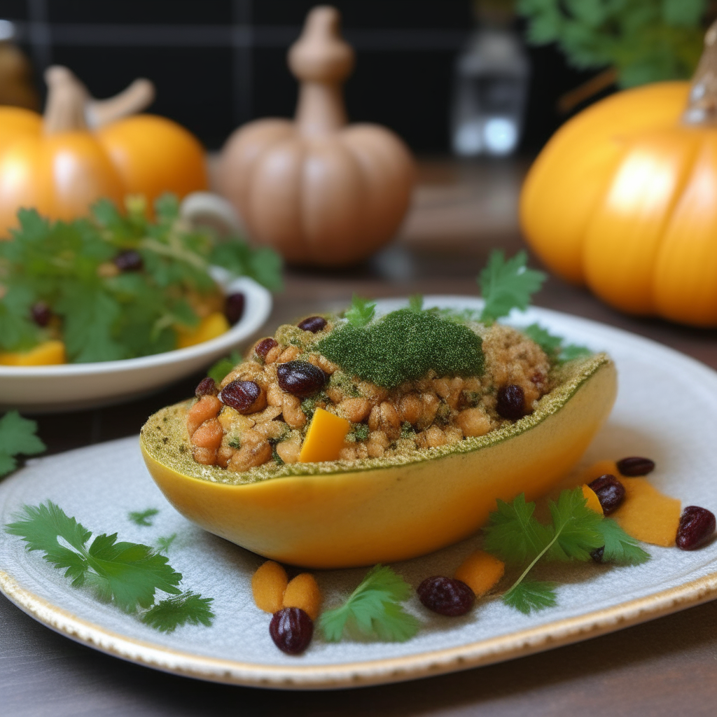 Stuffed squash garnished with herbs and cranberries, finished dish, step 4