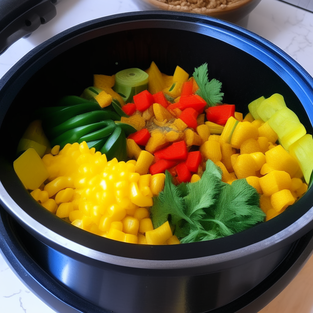 Bell pepper, zucchini, corn and aromatics sautéing in an Instant Pot, step 2