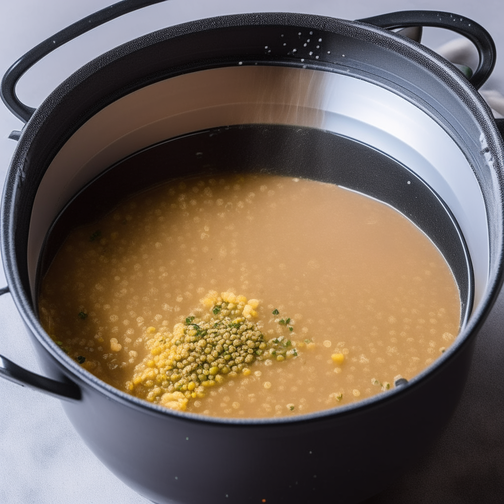 Quinoa added to pot with broth and spices, pressure cooking, step 3