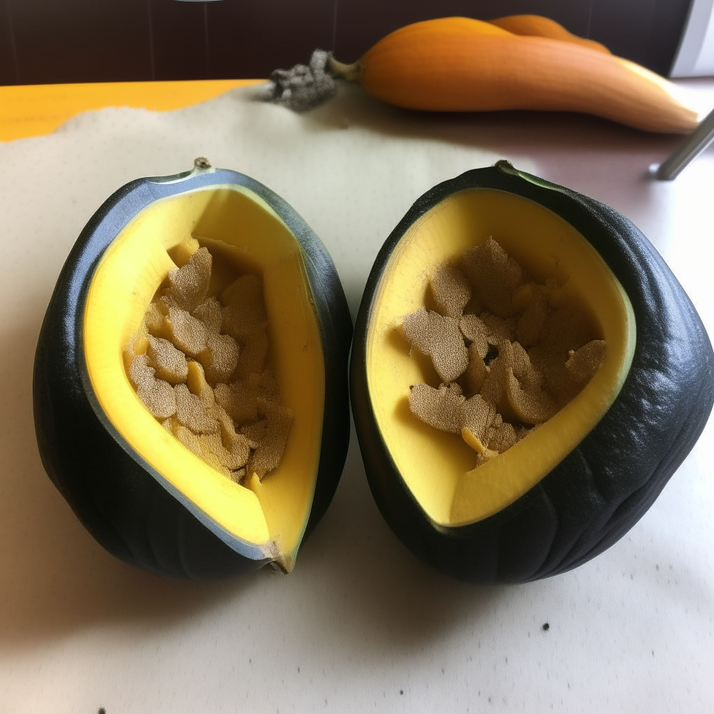 Halved and seeded acorn squash, ready for stuffing, step 1 of recipe