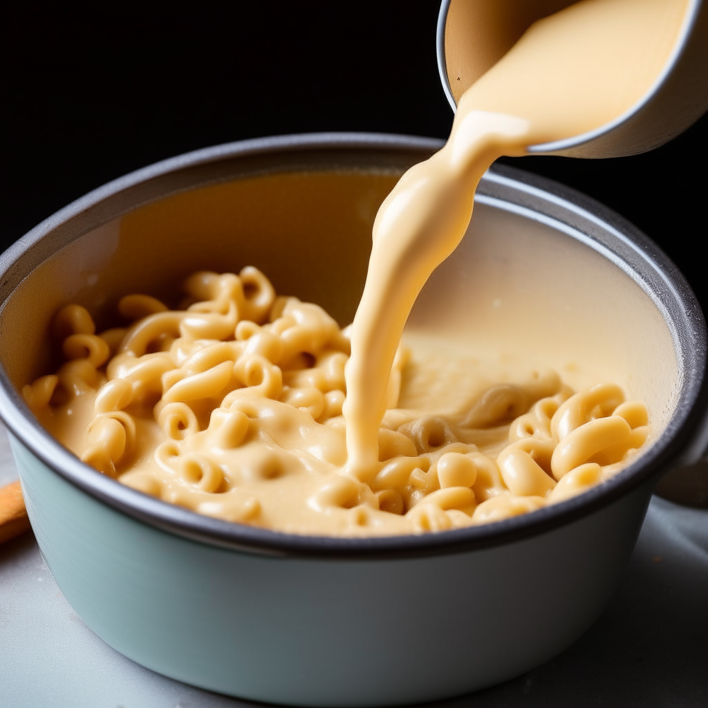 Creamy cashew cheese sauce being stirred into cooked macaroni, step 3